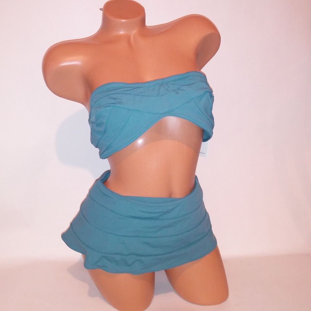 Tropic of C Swim Bikini XL Top & Bottom Solid Blue Skirted Bandeau Underwire New